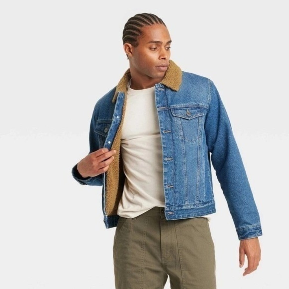 Goodfellow & Co Mens Faux Shearling Lined Denim Trucker Jacket Blue XL NWT